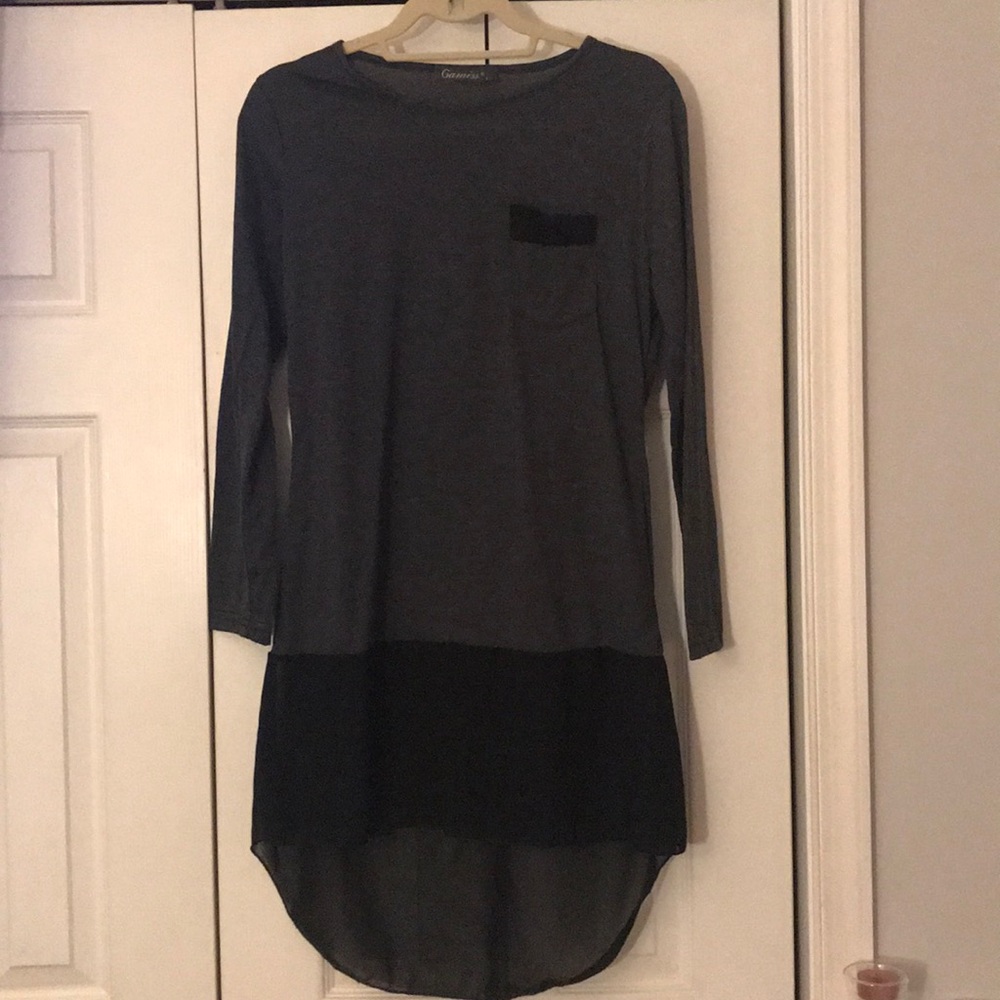 Gray with sheer black long sleeve high low top